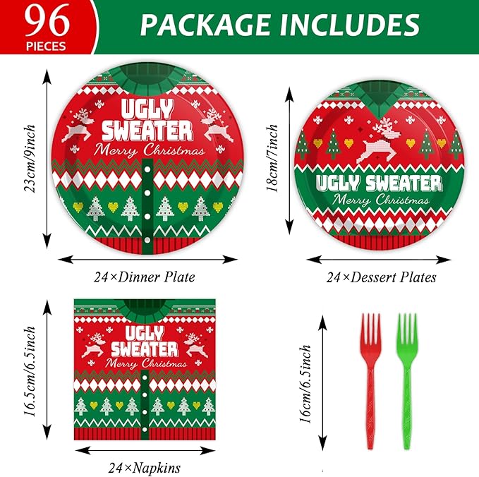 gisgfim 96 Pcs Christmas Ugly Sweater Paper Plate Napkins Party Supplies Tacky Sweater Party Birthday Decorations Favors for Xmas Serves 24