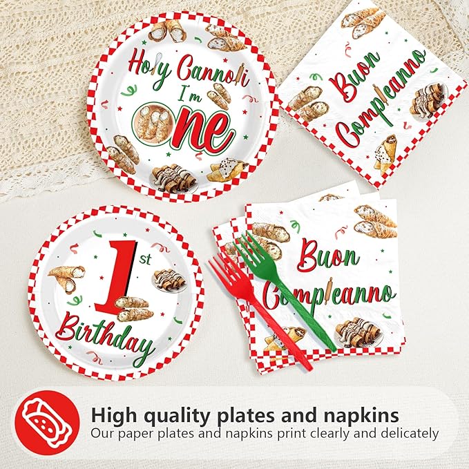 96Pcs Cannoli 1st Birthday Decorations Holy Cannoli I’m One Plates and Napkins Tableware Sets for Italian Pizza Food Theme Italy Baby Shower 1 Year Old Birthday Supplies Serves 24