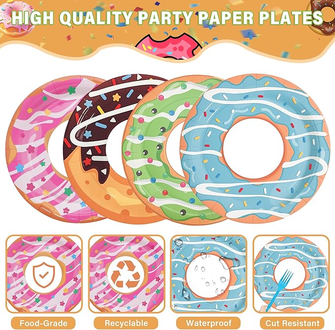 48Pcs Donut Paper Plates, 7in Donut Party Decorations Disposable Dessert Plates Tableware Dinnerware Set for Baby Shower Donut Themed Birthday Party Supplies