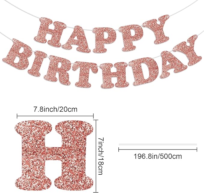 Glitter Rose Gold Happy Birthday Banner Birthday Party Decorations Sign Garland Bunting Banner for Wall Decor Party Background for Kids Boys Girls Adults