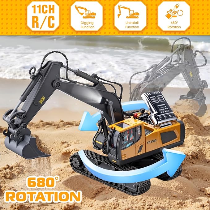 Remote Control Excavator Toys, 11 Channel 1:20 RC Construction Vehicles, 680° Rotation Hydraulic Car Toys for 6 7 8 9 10 Year Old Boys Kids, RC Truck Digger Toys Christmas Birthday Gifts
