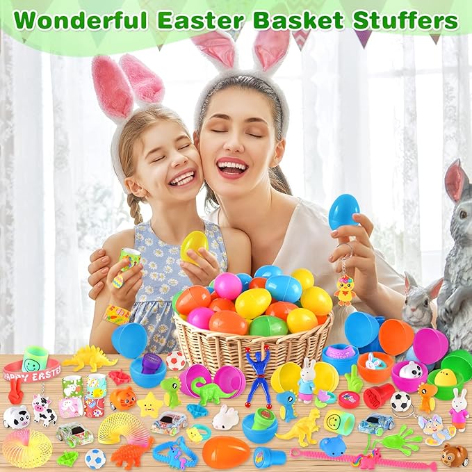 100 Pack Prefilled Easter Eggs with Assorted Toys, Bright Colorful Easter Eggs for Easter Basket Stuffers/Fillers, Easter Eggs Hunt, Classroom Prize Supplies, Party Favors Bulk for Kids