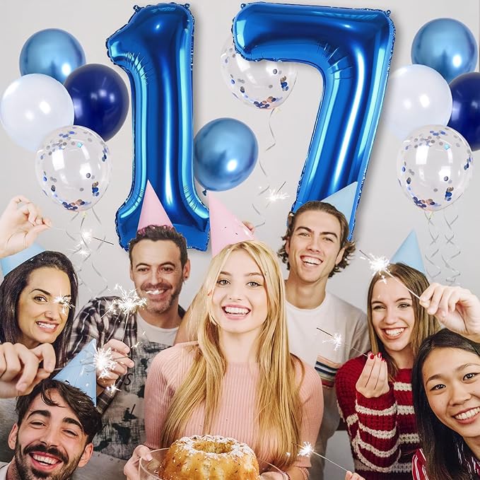 Giant Number Foil Balloon 17, Dark Blue Self Inflating 17th Birthday Balloon for Men, 40'' 17 Balloon Light Navy Blue with Metallic Silver Confetti Balloon for Anniversary Party Decorations Supplies