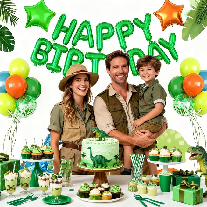 29PC Green Orange Happy Birthday Balloons Banner, 16Inch 3D Aluminum Letter Banner Sign, Green Orange Balloon 18 Inch Star Foil Balloon for Women, Men Party Supply