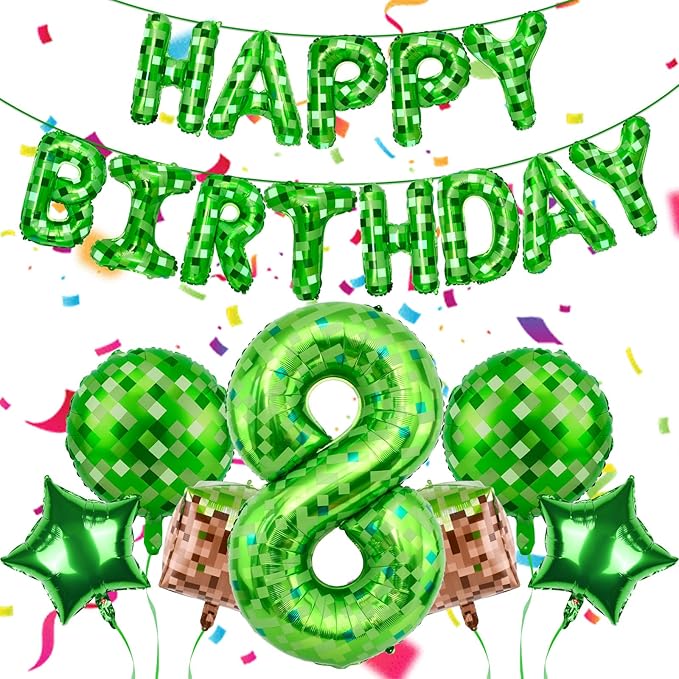 Green Pixel Themed Happy Birthday Banner Party Decorations Set Including 40 Inch Number 8 Foil Balloons, Themed Party Essentials, TNT Pixel Backdrop Supplies for Boys Indoor Outdoor Celebration