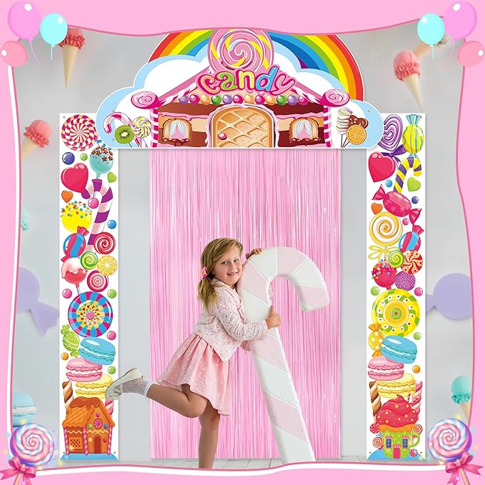 Crenics Candyland Party Decorations, 3Pcs Candyland Door Covers with Foil Fringe Curtain for Kids Candy Land Party Supplies