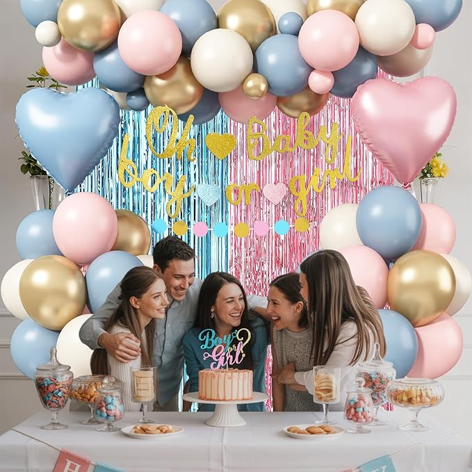 Boy or Girl Gender Reveal Decorations, Dusty Pink Blue Sand White Gold Latex Foil Balloon Oh Baby Banner Boy or Girl Cake Topper Fringe Curtain for Boho Baby Shower Gender Reveal Party Decoration