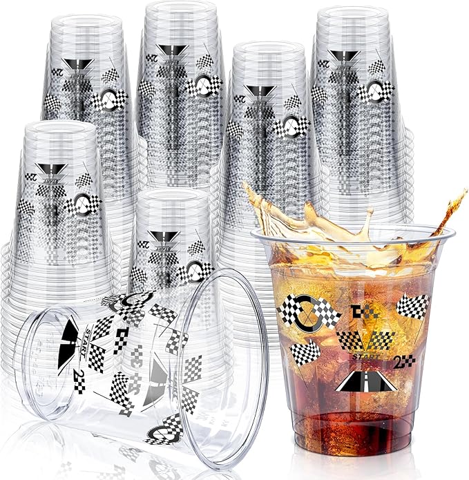 Uiifan 50 Pcs Race Car Cups Checkered Flag Party Supplies Bulk 12 oz Black White Disposable Plastic Clear Race Cups Racing Birthday Party Decorations for Fast One Two Checkered Birthday Favor