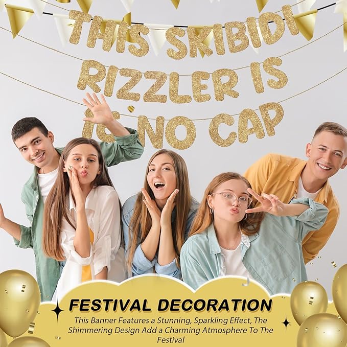 Fulmoon Pre Strung This Skibidi Rizzler Is 16 No Cap Glitter Banner 16th Birthday Party Decorations, Funny Birthday Sign, Party Supplies, Ideas, Gifts, Champagne Gold
