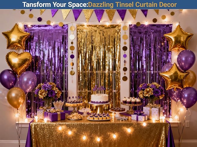 3 Packs Purple Gold Foil Fringe Curtains, Birthday Party Decorations Backdrop Tinsel Steamer, Wedding Engagement Bridal Shower Party Decorations Retirement Decor Graduation Party Backdrop