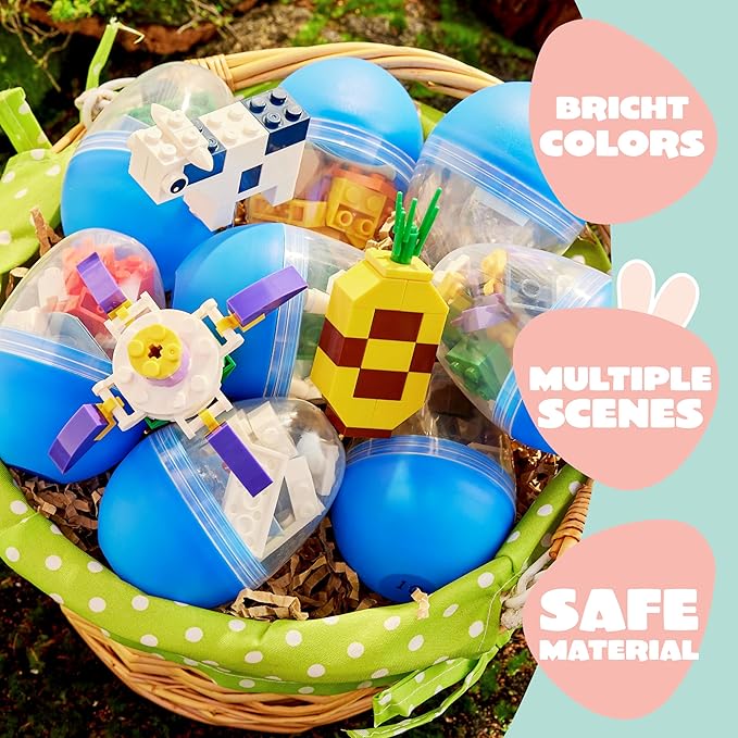 JOYIN 12 Pcs Pre-Filled Easter Eggs with Cute Characters Building Blocks for Kids' Gift, Hunt, Basket Stuffers/Fillers, Party Favor, Classroom Prize Supplies