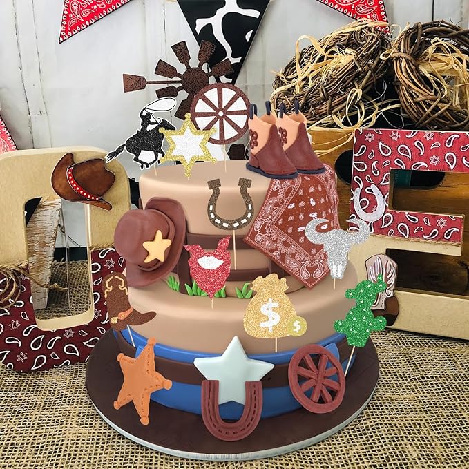 Hooqict 18Pcs Cowboy Cake Decorations Set with Mini Cowboy Hat and Boots, Western Cake Toppers & Rodeo Cupcake Toppers for Wild West Country Themed Birthday Party Decorations Favors
