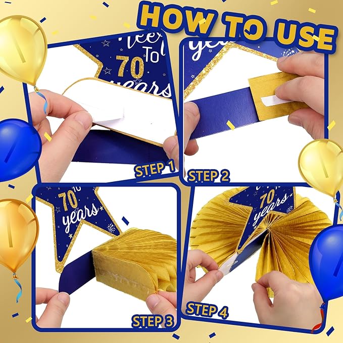Spakon 8 Pieces Blue Gold 70th Birthday Table Decorations 70th Birthday Honeycomb Centerpieces Glitter Table Toppers Blue and Gold Party Decorations for Men and Women Party Supplies