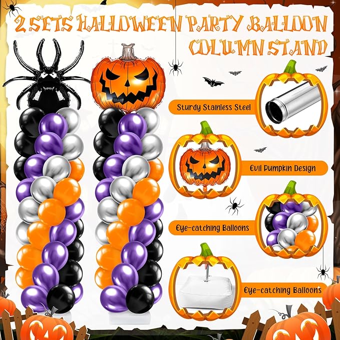 Kasyat 2 Sets Halloween Balloon Column Stand Kit with Scary Pumpkin Spider Foil Balloon Orange Purple Black Silver Arch Garland Kit for Spooky Birthday Party Halloween Theme Decoration