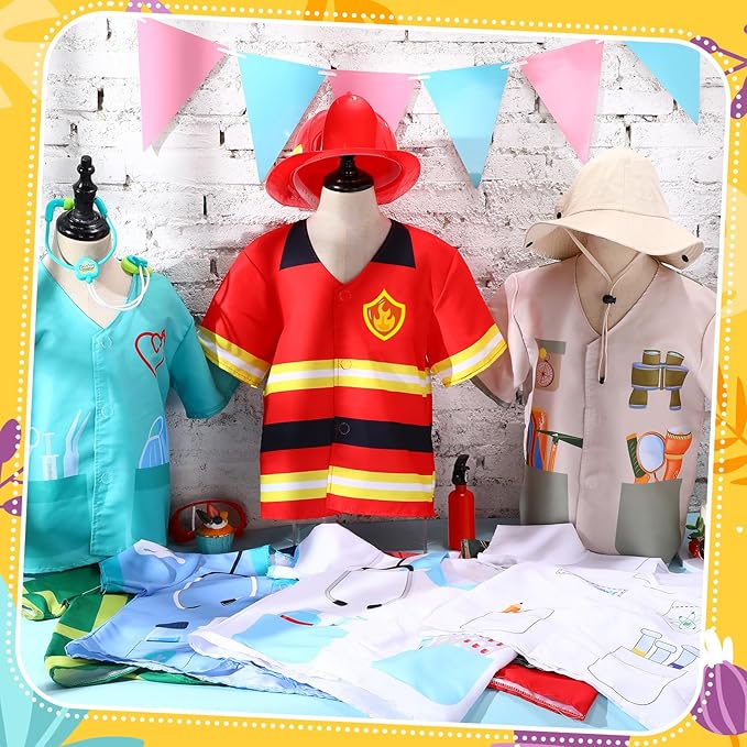 Jiuguva 12 Pcs Kids Role Play Dress up Clothes Community Helper Career Costumes for Toddler Pretend Play Firefighters Police Doctors Nurse Halloween Costume Cosplay Set for Kids over Age 6