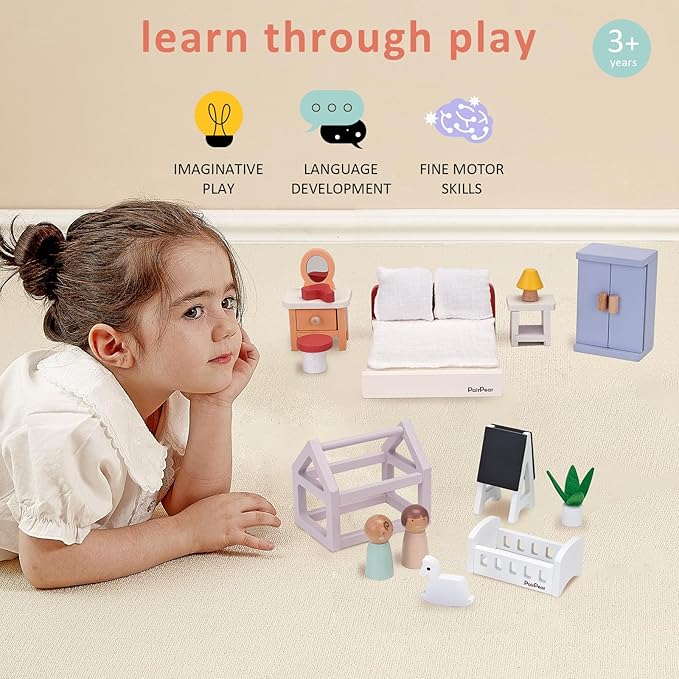 PairPear Wooden Dollhouse Furniture Set – 56-Piece Modern Family Home with 5 Rooms, Solid Wood Dollhouse Furniture for Kids, Montessori-Inspired Pretend Play Toy, Ages 3+