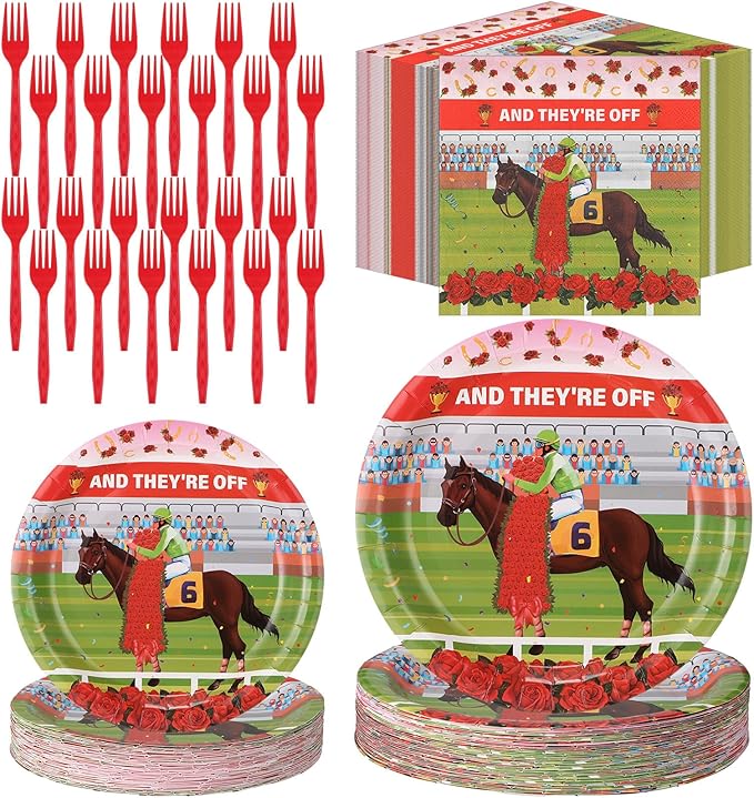 Roshtia 192 Pcs Derby Party Supplies for Horse Racing Party Decorations Derby Day Party Tableware Set Horse Theme Birthday Party Paper Plates Napkins Fork for 48 Guests (Roses)