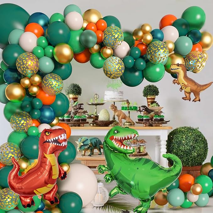 Amandir 165Pcs Dinosaur Balloons Arch Garland Kit, Sage Green Orange 6Pcs Dino Foil Balloons Happy Birthday Balloon for Jungle Safari Dinosaur Themed Party Decorations Supplies Boys