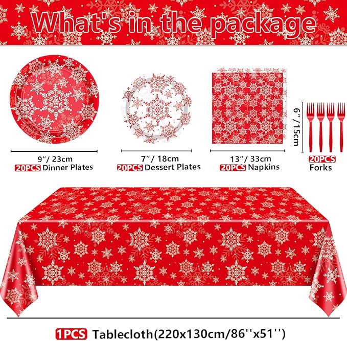 Christmas Snowflakes Plates Set for 20 Guests, Including Red Snowflakes Tablecloth, Napkins, Forks and Plates for Xmas Winter Holiday New Year Party Decorations