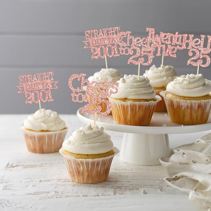 Ephlyn 24Pcs 25th Birthday Cupcake Toppers Glitter Straight Outta 2001 Cupcake Picks Hello 25 Cheers to 25 Years Cake Decorations for 25th Birthday Anniversary Party Decorations Supplies Rose Gold