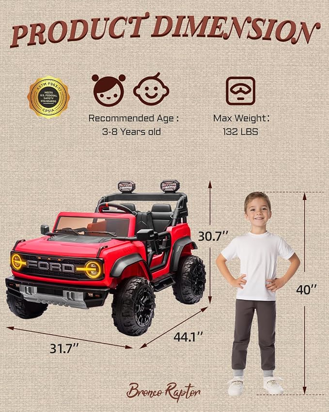 First Ride On Ford Bronco 24V Ride on Toys for Boys & Girls, 2 Seater Kids Electric Car with Remote Control, Kids Ride on Truck with Rear Wheels Suspension, Led Lights, Safety Belt (24V, Red)