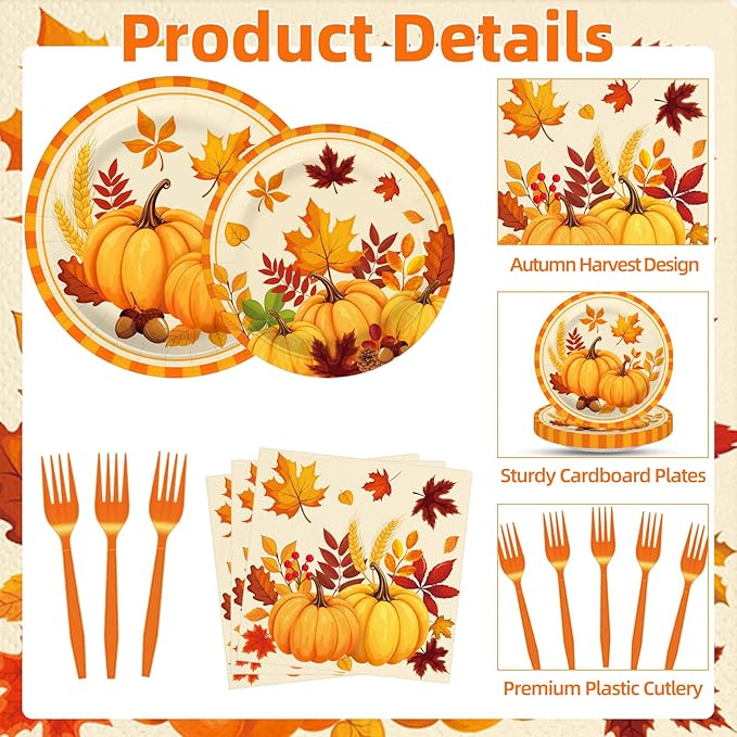 100 Pcs Fall Pumpkin Leaves Tableware Party Supplies Set, Serves 25 – Disposable Autumn Harvest Paper Plates, Napkins, and Forks, Thanksgiving Day Dinnerware for Friendsgiving Gatherings Decorations