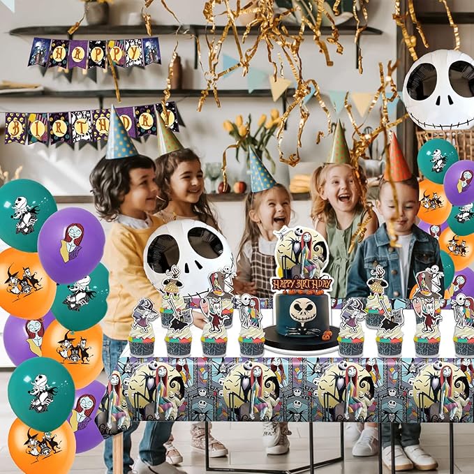 Birthday Decorations, Nightmare Christmas Party Supplies Halloween Birthday Party Decorations Set Includes Banner Balloons Tablecloth Backdrop Hanging Swirls Cake Toppers