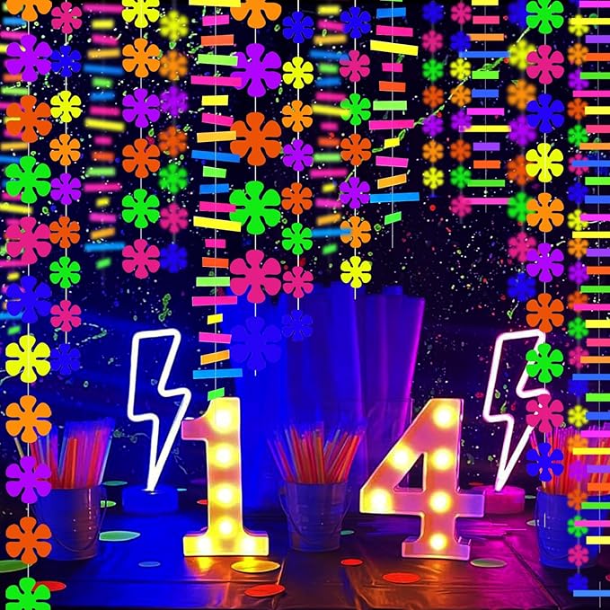 90 Feet Windmill Flower&Stripe UV Neon Garland Streamers Glow in The Dark Party Supplies Decoration for Birthday Banner Black Light Neon Party Decorations for Dark Glow Party UV Reactive Party Favor