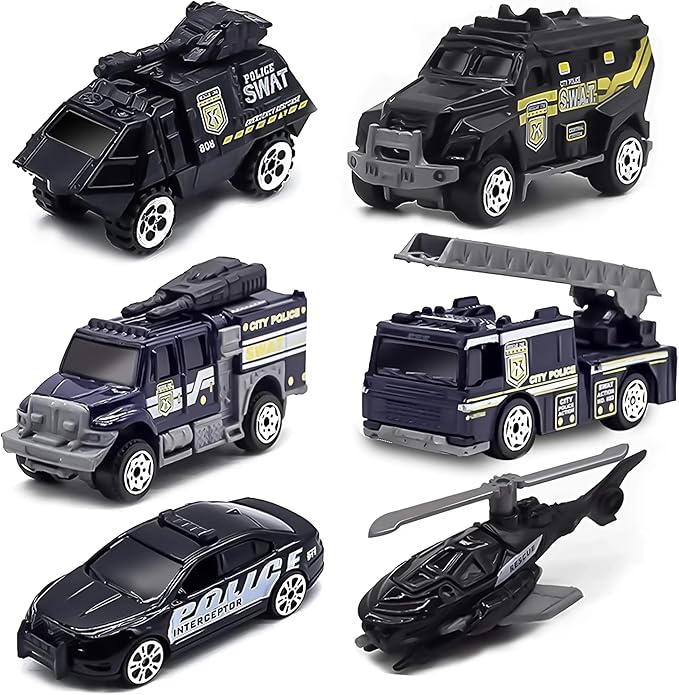 6 Pack Diecast Police Car Toy Set, Mini Alloy Models Police Car Toys for Boys 3-5 6 7, Armored Vehicle, Bulletproof Car, Rescue Truck, Military Helicopter, Armed Car Police Toys Kids Birthday Gift