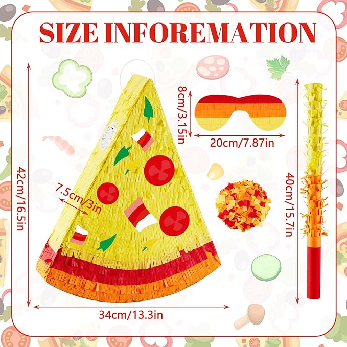 Lewtemi Pizza Piñata Party Favors with Stick, Confetti and Blindfold - Pizza Shower Theme Decorations for Summer Birthday Mexican Party Supplies