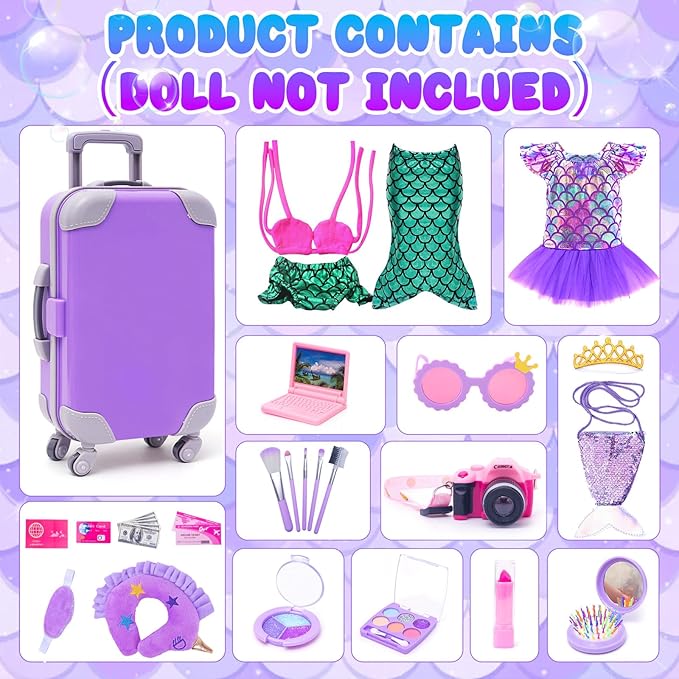 American 18 Inch Doll Makeup Accessories and Travel Set Mermaid, Including Purple Suitcase Luggage Dress Eye Shadow Lipstick Eyelash Brush Dolls Travel Gear Play Set Gift for Birthday (NO Doll)