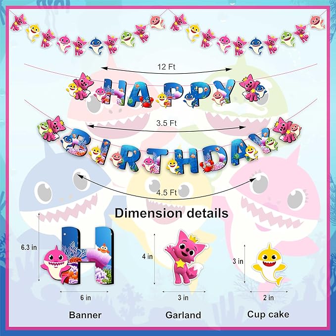 "Bby Shrk Theme Birthday Party Supplies – Complete Decorations Set with Happy Birthday Banner, Cake Topper, Cupcake Toppers, Garland, Table Décor, and Party Accessories for Boys and Girls"