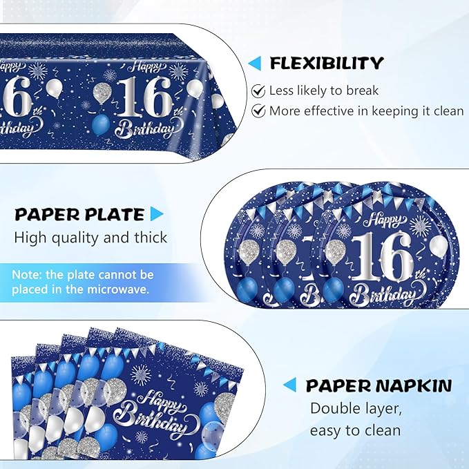 41PCS 16th Birthday Decorations for Boys Navy Blue Silver 16 Years Old Birthday Decorations Sweet 16 Plates Napkins Tablecloth for Boys Girls 16th Birthday Party Supplies