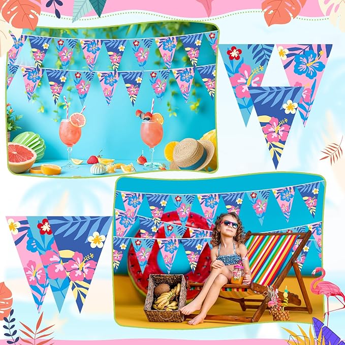 Pasimy 5 Pcs Cartoon Hawaiian Party Decorations Pink Blue Hawaiian Hibiscus Pennant Banners Flower Bunting Pre-Strung Paper Triangle Flags for Cartoon Tropical Luau Birthday Baby Shower Party Supplies