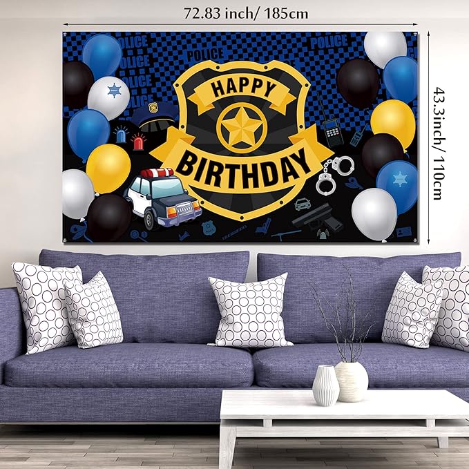 Irenare Police Happy Birthday Party Decorations Police Car Party Decor Supplies Large Badge Banner Backdrop Wall Birthday Party Wall Background Supplies Props 72. 8 x 43. 3 Inch