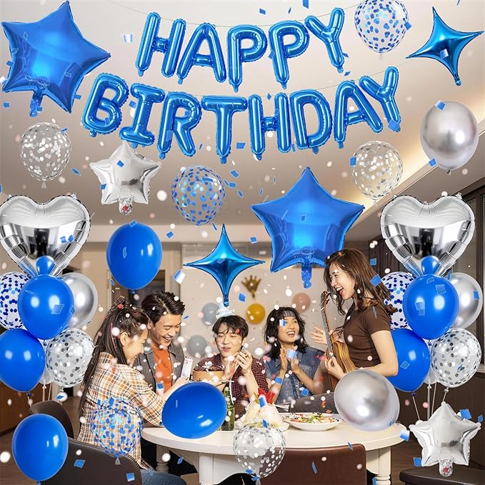 Blue Silver Birthday Decorations for Boys Dark Royal Navy Blue Metallic Silver Confetti Balloon Happy Birthday Banner 18/10 Inch Heart Foil Balloons Star Balloon for Men Bday Party Supplies