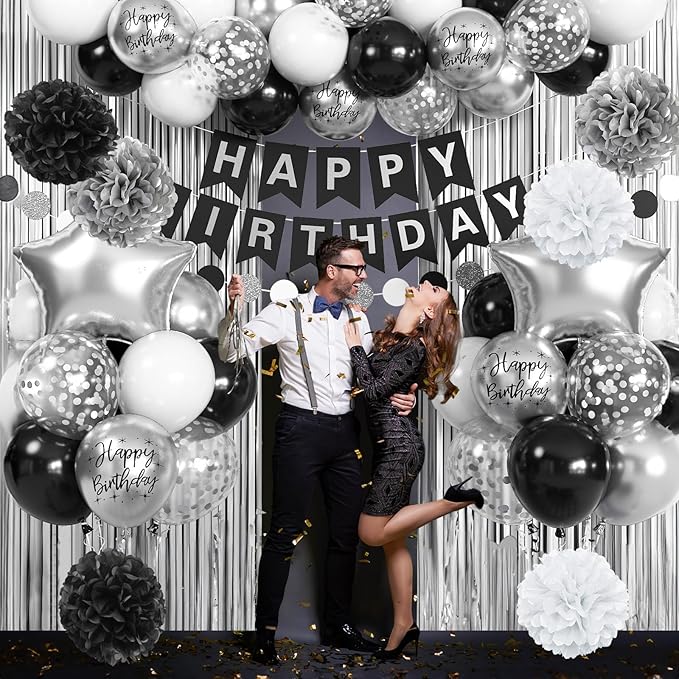 Black and Silver Birthday Decorations for Men Boys, Black White Silver Party Decorations Happy Bithday Banner Star Foil Balloon Fringe Curtain Pompom for Women Girls Party Supplies