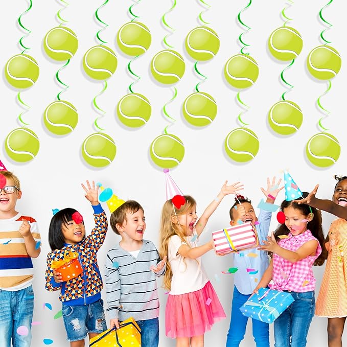 60pcs Tennis Party Foil Swirl Decorations Tennis Ball Ceiling Hanging Banners Decor Hanging Swirls Sports Cutouts Birthday Supplies for Sports Birthday Baby Shower Party Favor Indoor Home Office Decor