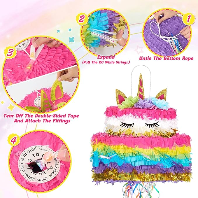 WERNNSAI Unicorn Cake Piñata Foldable - Unicorn Party Decorations Pink Girl Birthday Party Games Princess Piñata with Blindfold Bat and Tassels Happy Birthday Supplies for Kids Girls Classroom Game