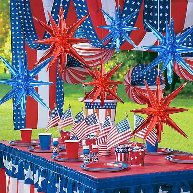 TONIFUL 8 Pcs Blue Red Star Foil Balloons Large Explosion Star Mylar Decorations for Party Backdrop Christmas New Year Birthday Wedding Baby Shower Anniversary Photo Booth Supplies