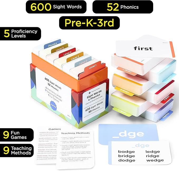 Award-Winning Learn to Read Flash Cards – 652 Sight Words & Phonics for Preschool to 3rd Grade – CVC Words, Blends, Vowel Sounds, Dolch & Fry High Frequency Words + Games