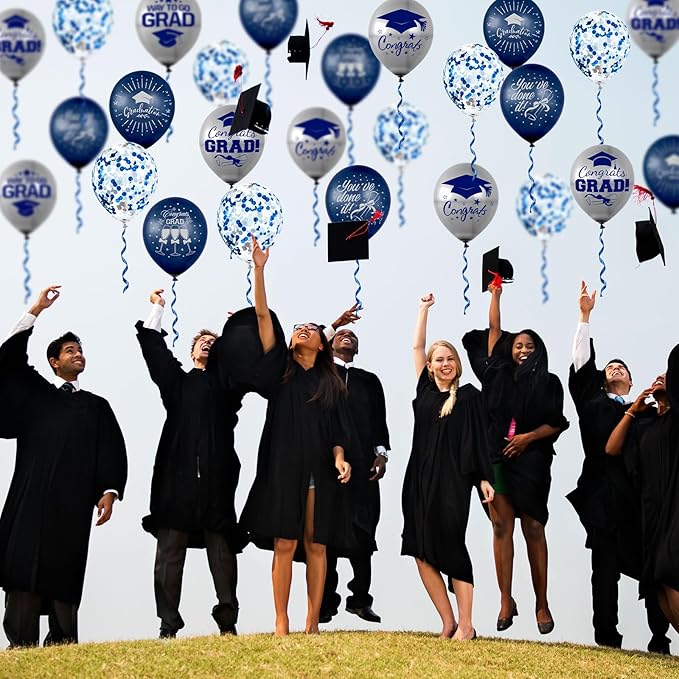 Whaline 60Pcs Graduation Party Balloon Set 7 Designs Confetti Latex Balloon with 2 Rolls Ribbon Grad Cap Congrats Grad Balloon for Graduation Party Decor Supplies (Navy Blue, Silver)