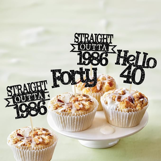 Ephlyn 24Pcs Happy 40th Birthday Cupcake Toppers Glitter Forty Cupcake Picks Hello 40 Cheers to 40 Years Birthday Cake Decorations for 40th Birthday Anniversary Party Supplies Black