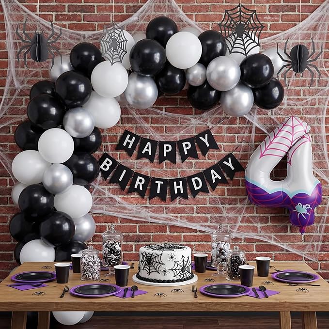 Spider Number 4 Balloons 40 Inch Purple Spider Theme Birthday Party Decorations Large Foil Balloons for Girls Boys 4th Birthday Baby Shower Party Backdrop Celebration Supplies