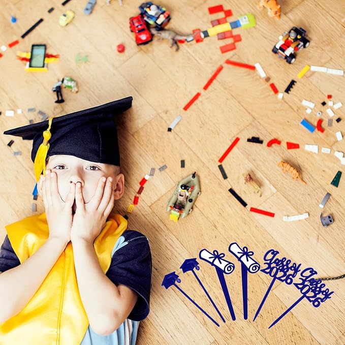 Boao 90 Pieces Class of 2026 Theme Graduation Cake Topper Plastic Cupcake Picks Graduation Cupcake Decorations for Party Supplies and Favors, 3 Styles(Blue)