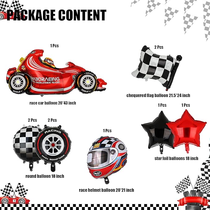 GGDE Race Car Balloons Tire Balloon Chequered Flag Balloons Helmet Balloons Baby Shower Kids Two Fast Speedy Race Car Themed Birthday Party Decor Supplies 10 Pcs Kit, Big