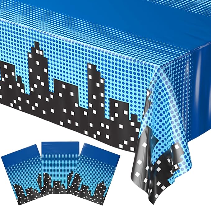 Blue Orchards Superhero Cityscape Table Covers (Pack of 3) 108"x54" XL - Superhero Table Cloth for Parties, Birthday Party Supplies, Boy Birthday Party Decorations, Super Hero Brithday Party