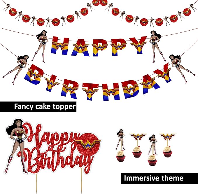 "Wondr Woman Theme Birthday Party Supplies – Superhero Girl Party Decorations for Adults – Wondr Woman Birthday Banner, Cake Topper, Cupcake Toppers & Party Décor for Superhero Celebrations"