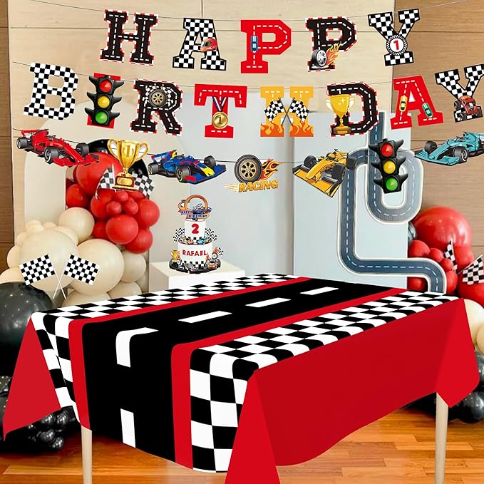 XIPEGPA Race Car Party Decorations - Happy Birthday Banner, Tablecloths for Race Car Birthday, Baby Shower Party Supplies (Red, Extra Large)