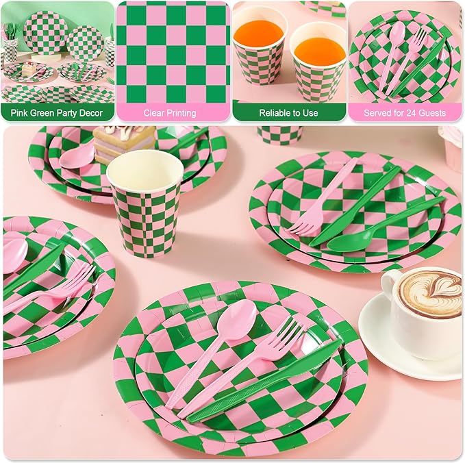 Zhehao 144 Pcs Pink and Green Checkered Party Decor Tableware Pink and Green Gingham Plaid Paper Plates Cup Napkin Knives Fork Spoon for Witch Princess Themed Party Disposable Supplies Serve 24 Guest